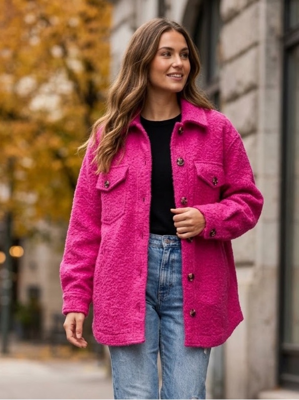 EVEREVE Hot Pink Bouclé Shirt Jacket Shacket Size XS